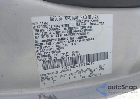 2001 Lincoln Town Car Signature из США, поврежденный, VIN 1LNHM82W81Y648935